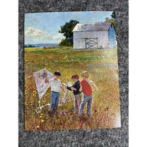 Vtg Litho on Board "Summer Days" Boys w/ Kite Farm Scene Falter Art 1960s 1970s